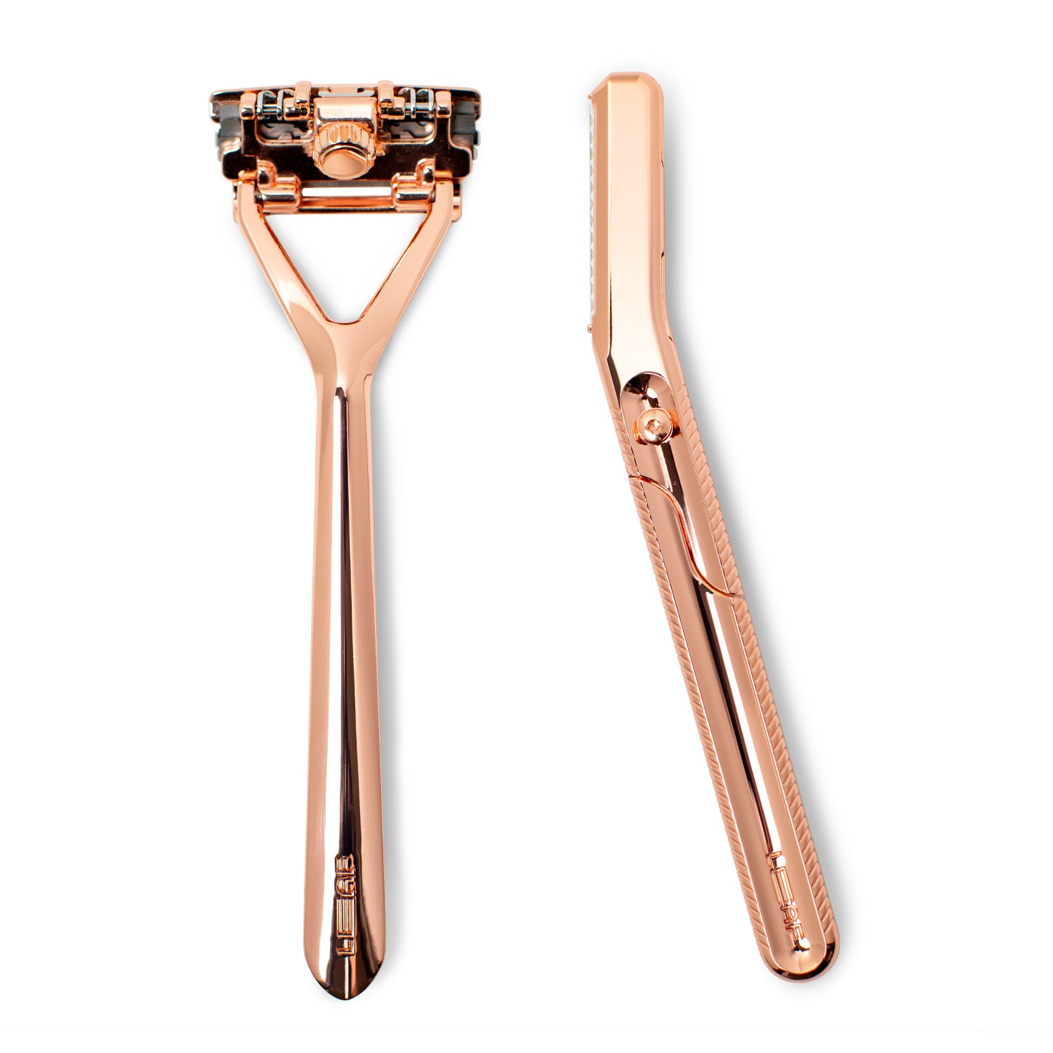 This image contains Leaf Shave brand Leaf and Dermaplaner razors on a white background, in the finish called Rose Gold