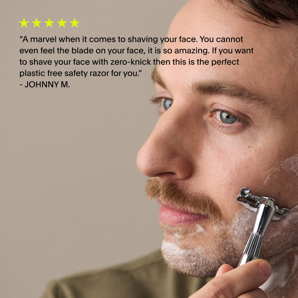 TWIG | THORN | A 5 star review of a single edge razor over a man shaving his beard with a single edge razor