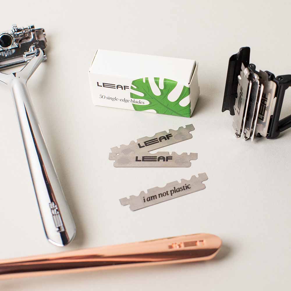 A variety of leaf razor products scattered