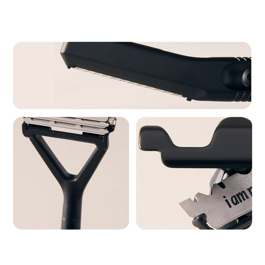 Closeups of the heads of the single edge razor, leaf razor, and dermaplaner