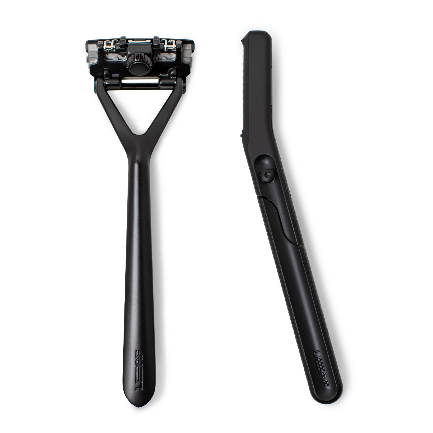 This image contains Leaf Shave brand Leaf and Dermaplaner razors on a white background, in the finish called Black