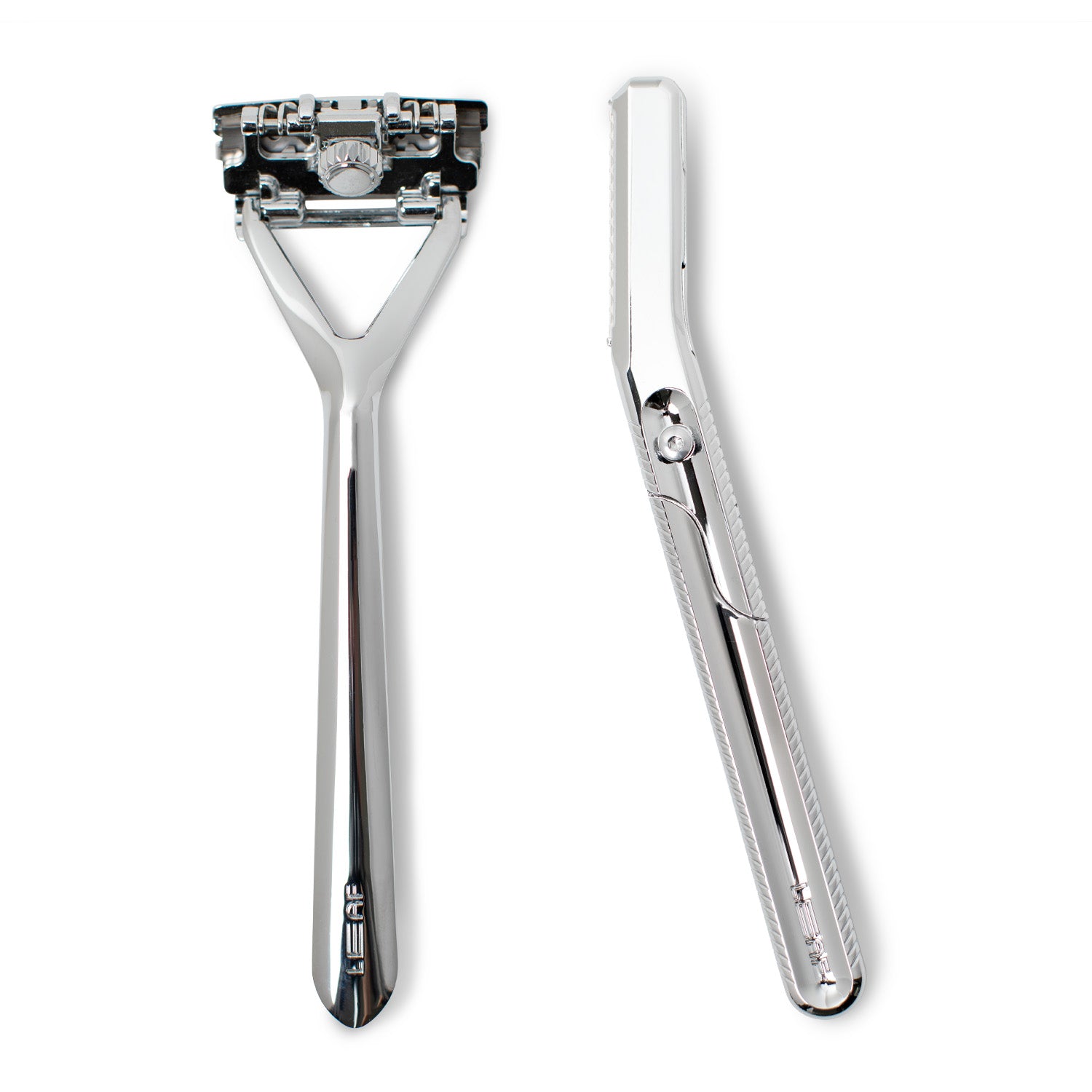 This image contains Leaf Shave brand Leaf and Dermaplaner razors on a white background, in the finish called Chrome