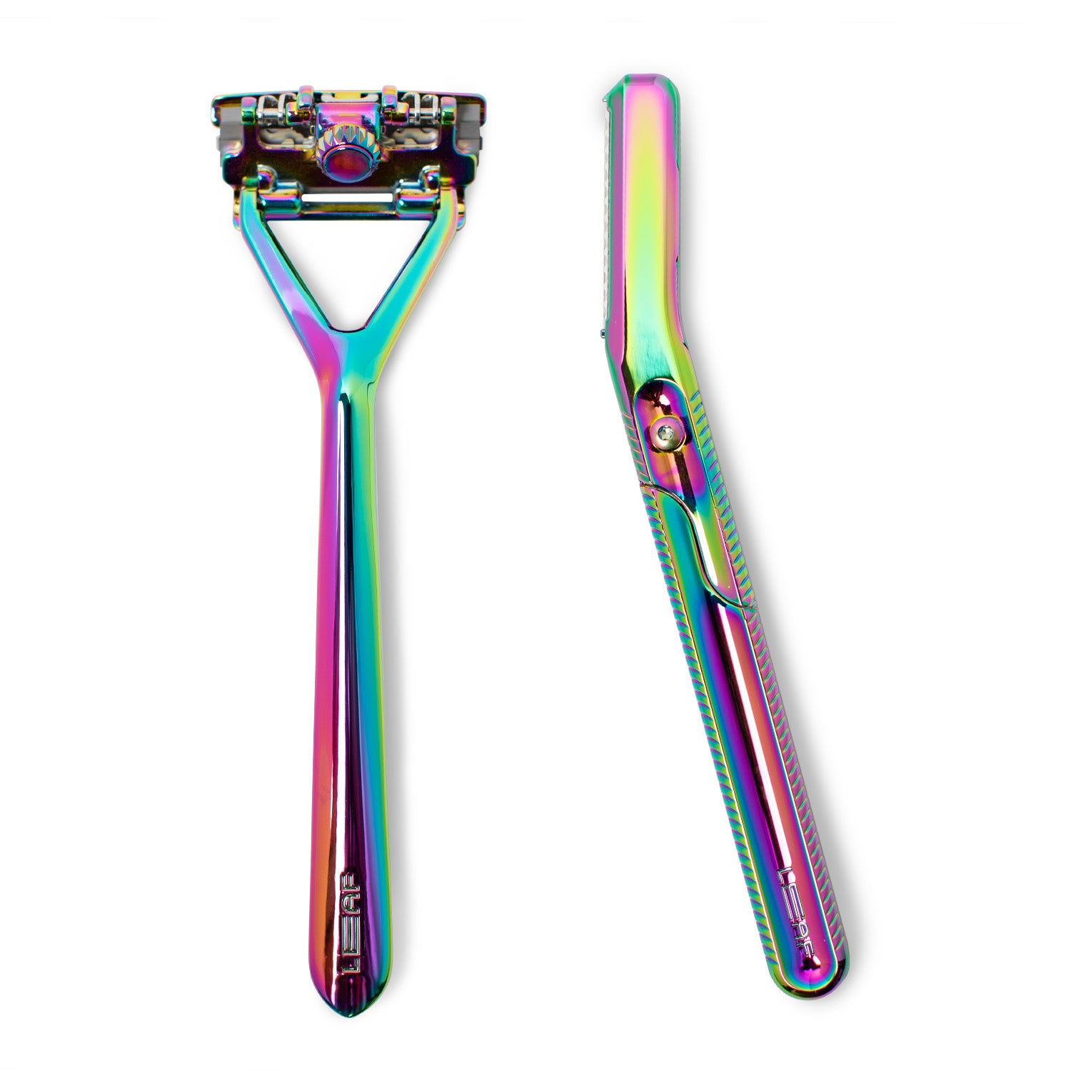 This image contains Leaf Shave brand Leaf and Dermaplaner razors on a white background, in the finish called Prism