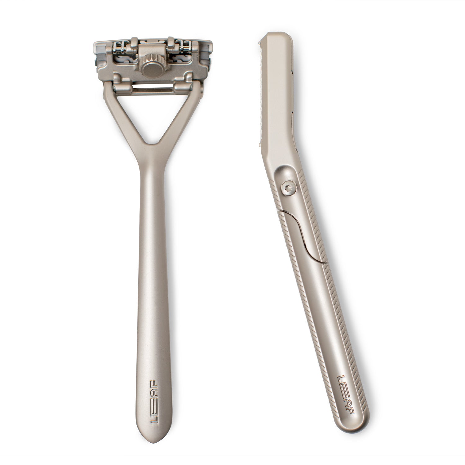 This image contains Leaf Shave brand Leaf and Dermaplaner razors on a white background, in the finish called Silver