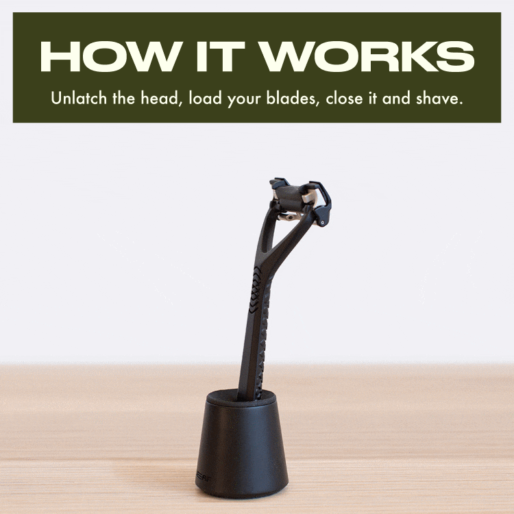 HEAD|FACE|BODY moving image showing a hand open, load then close a leaf two razor. How it works.