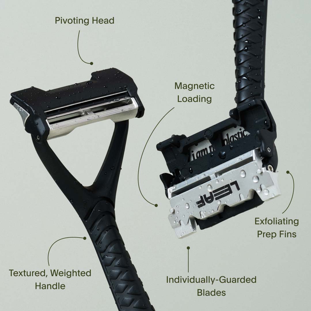 BODY|FACE|HEAD Shaving razor with labeled features on a gray background