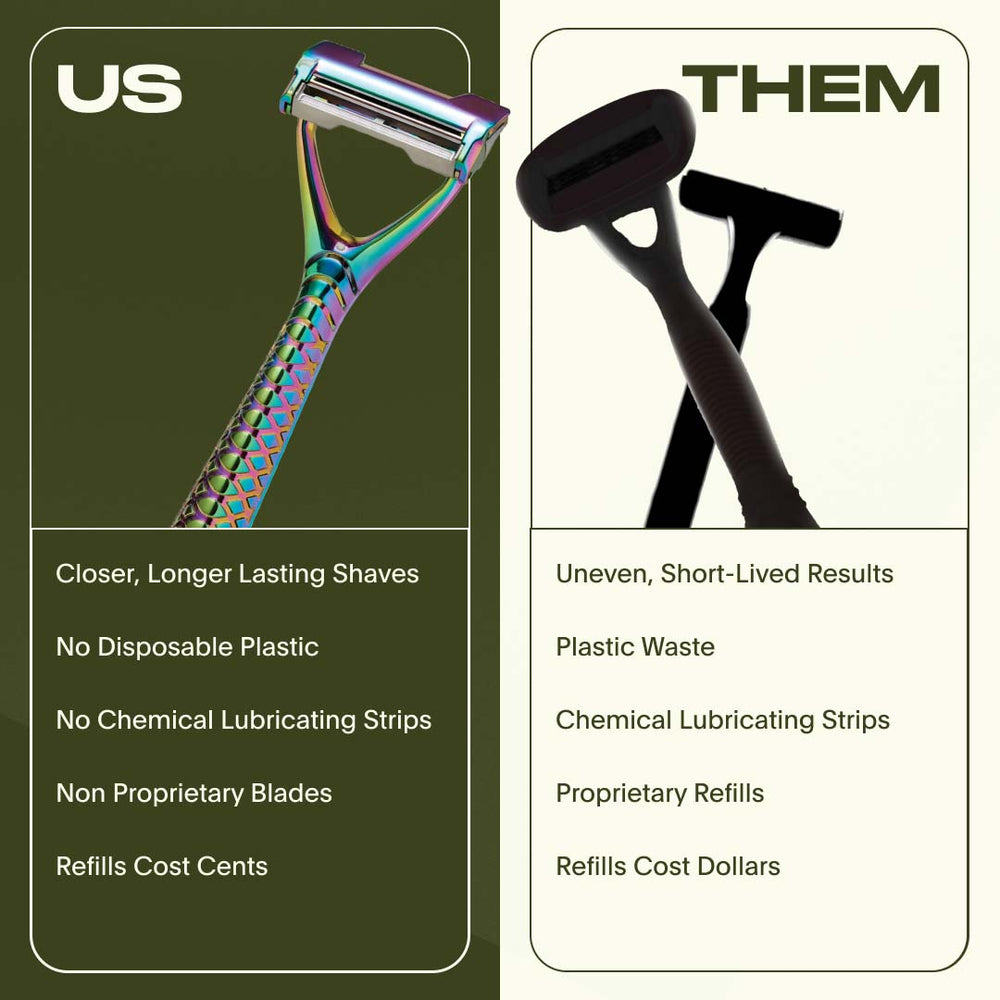 Leaf Two against a plastic cartridge razor: closer longer-lasting shaves, no disposable plastic, no chemical lubricating strips, non proprietary blades, refills cost cents