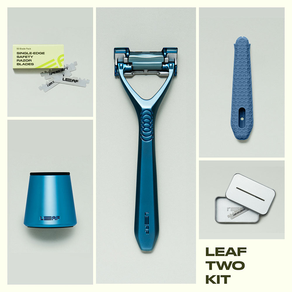 Leaf Two Razor kit in Glacier: razor, stand, blades, recycling tin and grip sleeve