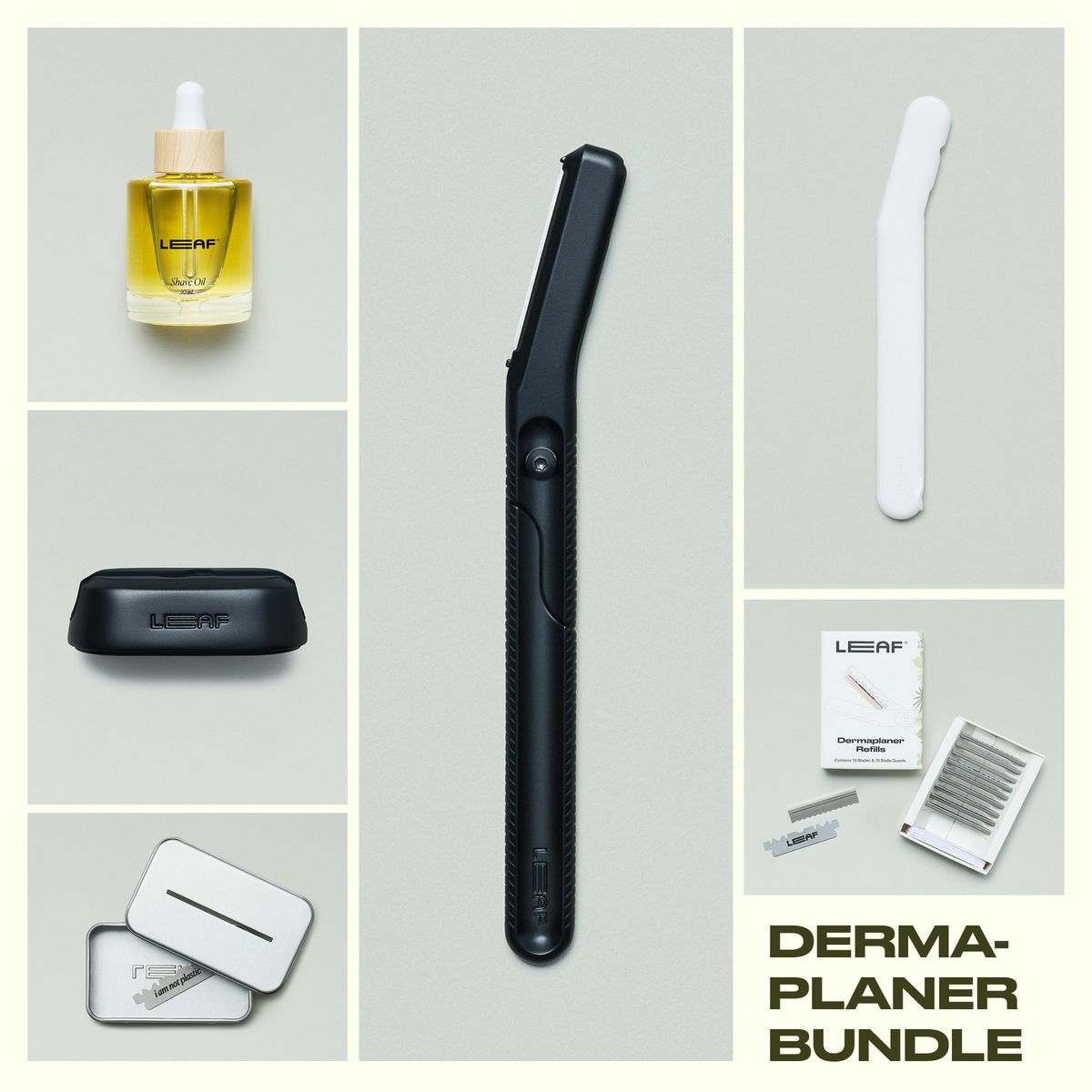 Leaf Shave Dermaplaner bundle in black finish including handle, refill blades packaging, stand, white travel cover, recycling tin, and glass shave oil bottle on grey background