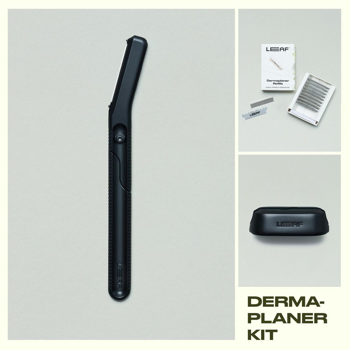 Leaf Shave Dermaplaner kit in black finish including handle, refill blades packaging, and stand on grey background