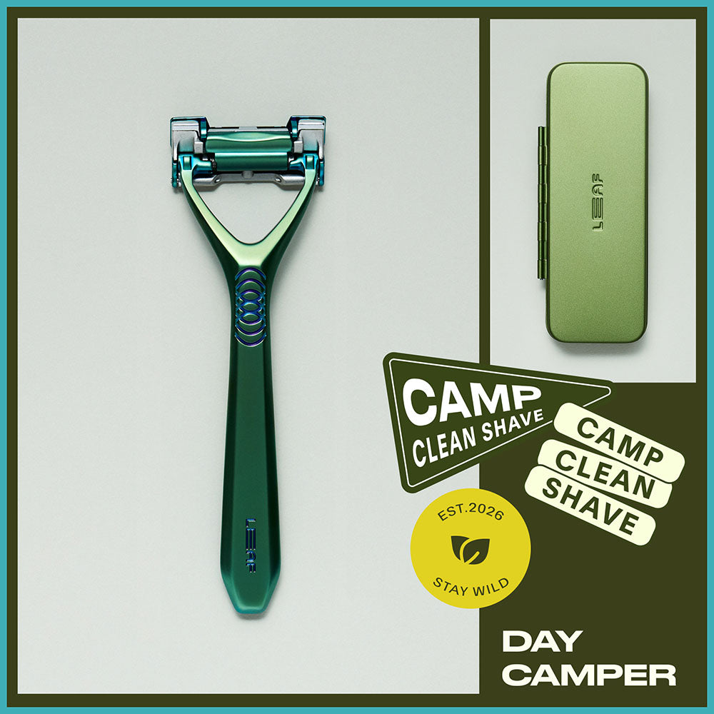 DAY CAMPER spruce leaf two razor with moss leaf two case and camp clean shave badges