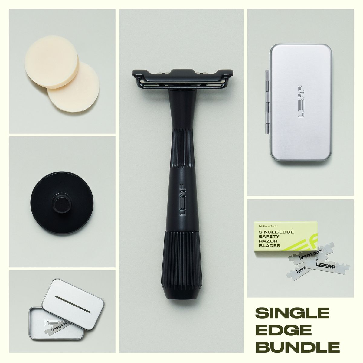 Collage of black single edge razor, blades and blade pack, recycling tin, razor stand, two off-white shave soaps, and a silver travel case on a grey background