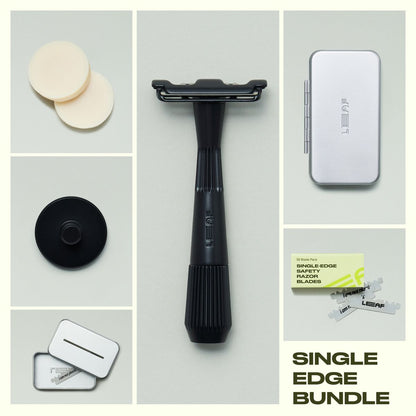 Collage of black single edge razor, blades and blade pack, recycling tin, razor stand, two off-white shave soaps, and a silver travel case on a grey background