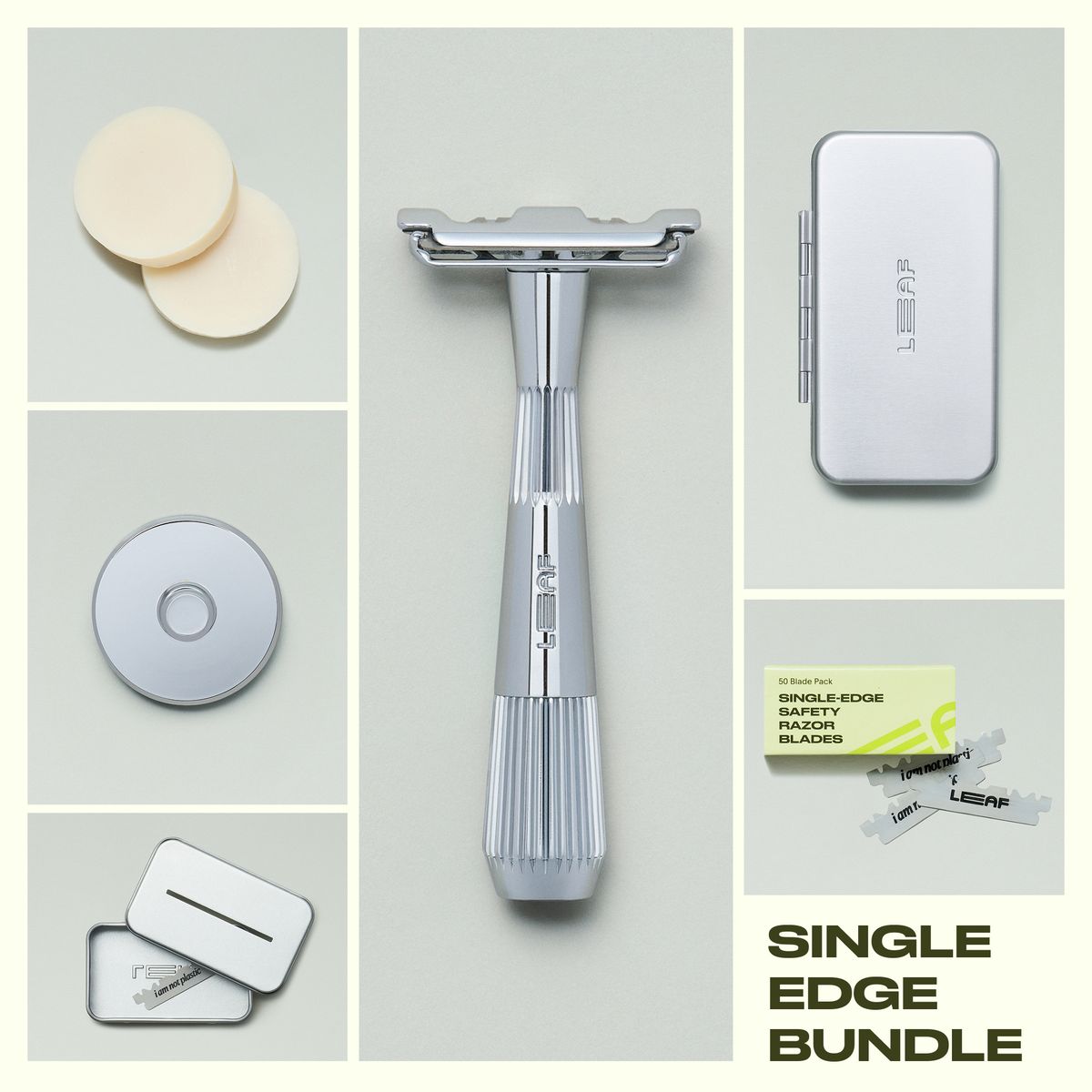 Collage of chrome single edge razor, blades and blade pack, recycling tin, razor stand, two off-white shave soaps, and a silver travel case on a grey background