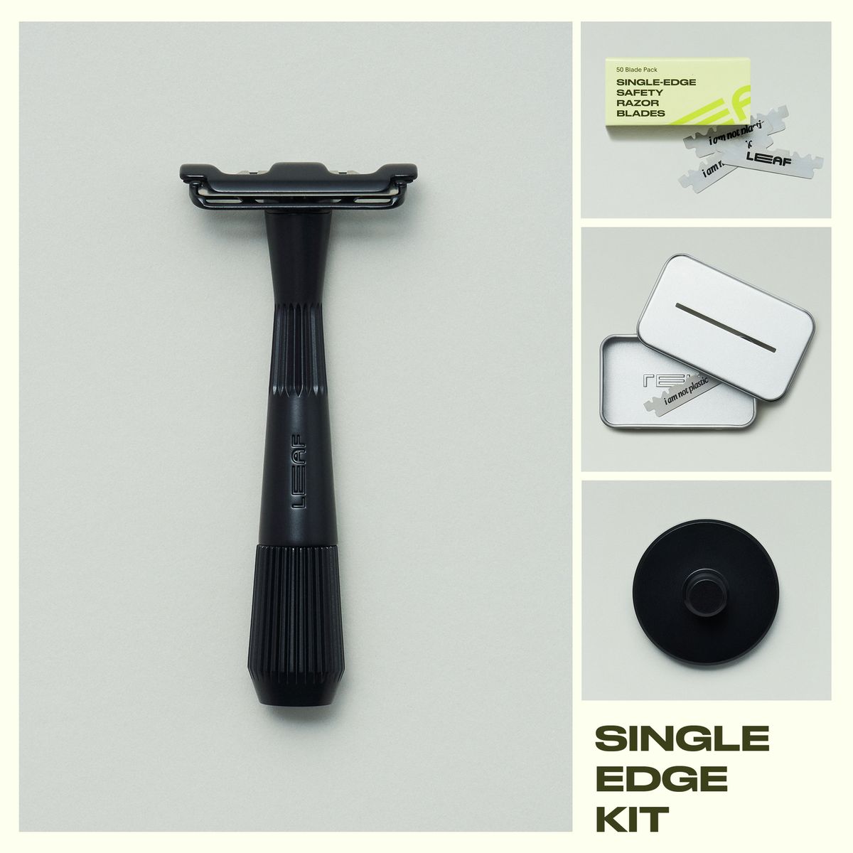 Collage of black single edge razor, blades and blade pack, recycling tin, and razor stand on a grey background