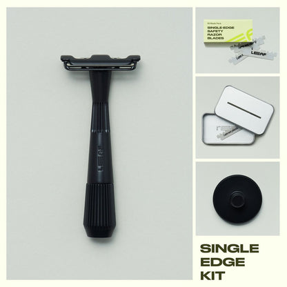 Collage of black single edge razor, blades and blade pack, recycling tin, and razor stand on a grey background