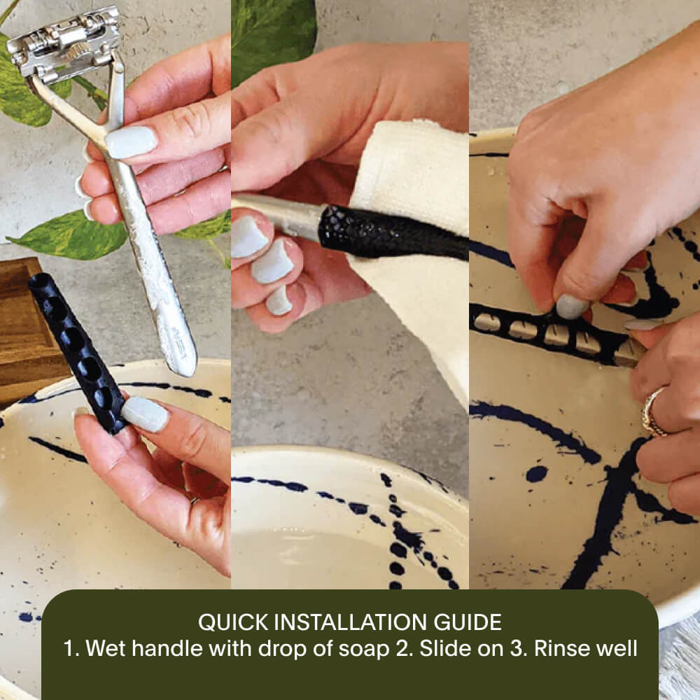 The instructions of how to put on the grip sleeve with step by step pictures