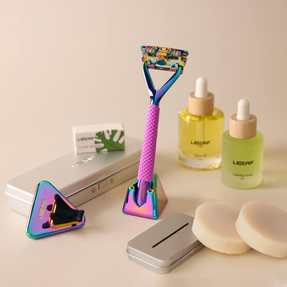 Prism leaf everything bundle with Leaf razor, stand, blades, case, recycling tin, calming serum, shave oil, shower holder, grip, and shave soap bar