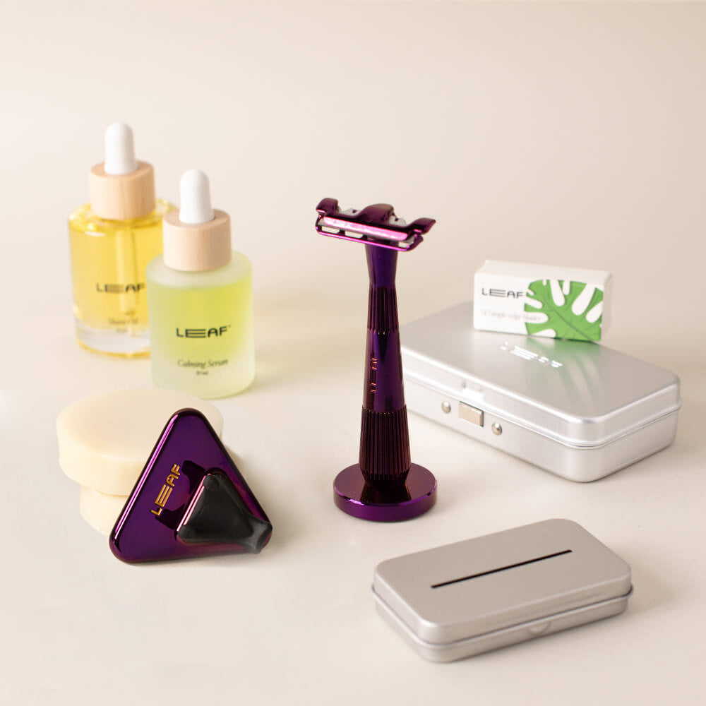 The fig single edge everything bundle with the single edge razor, stand, blades, case, recycling tin, shave oil, calming serum, shave soap bar, and shower holder