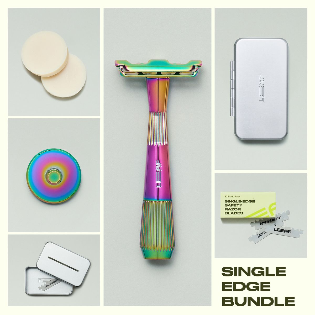 Collage of prism single edge razor, blades and blade pack, recycling tin, razor stand, two off-white shave soaps, and a silver travel case on a grey background