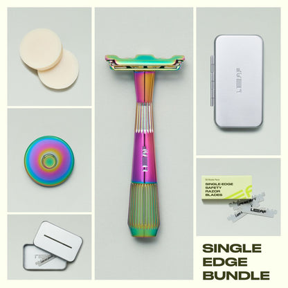 Collage of prism single edge razor, blades and blade pack, recycling tin, razor stand, two off-white shave soaps, and a silver travel case on a grey background