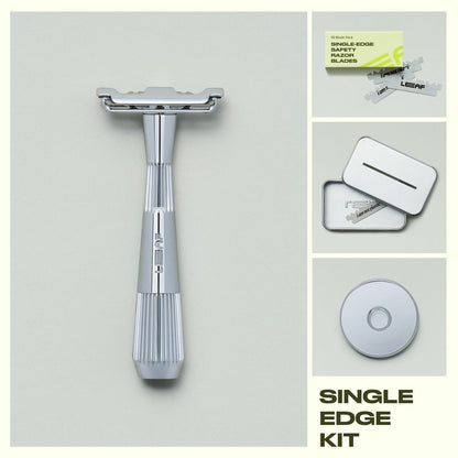 Collage of chrome single edge razor, blades and blade pack, recycling tin, and razor stand on a grey background