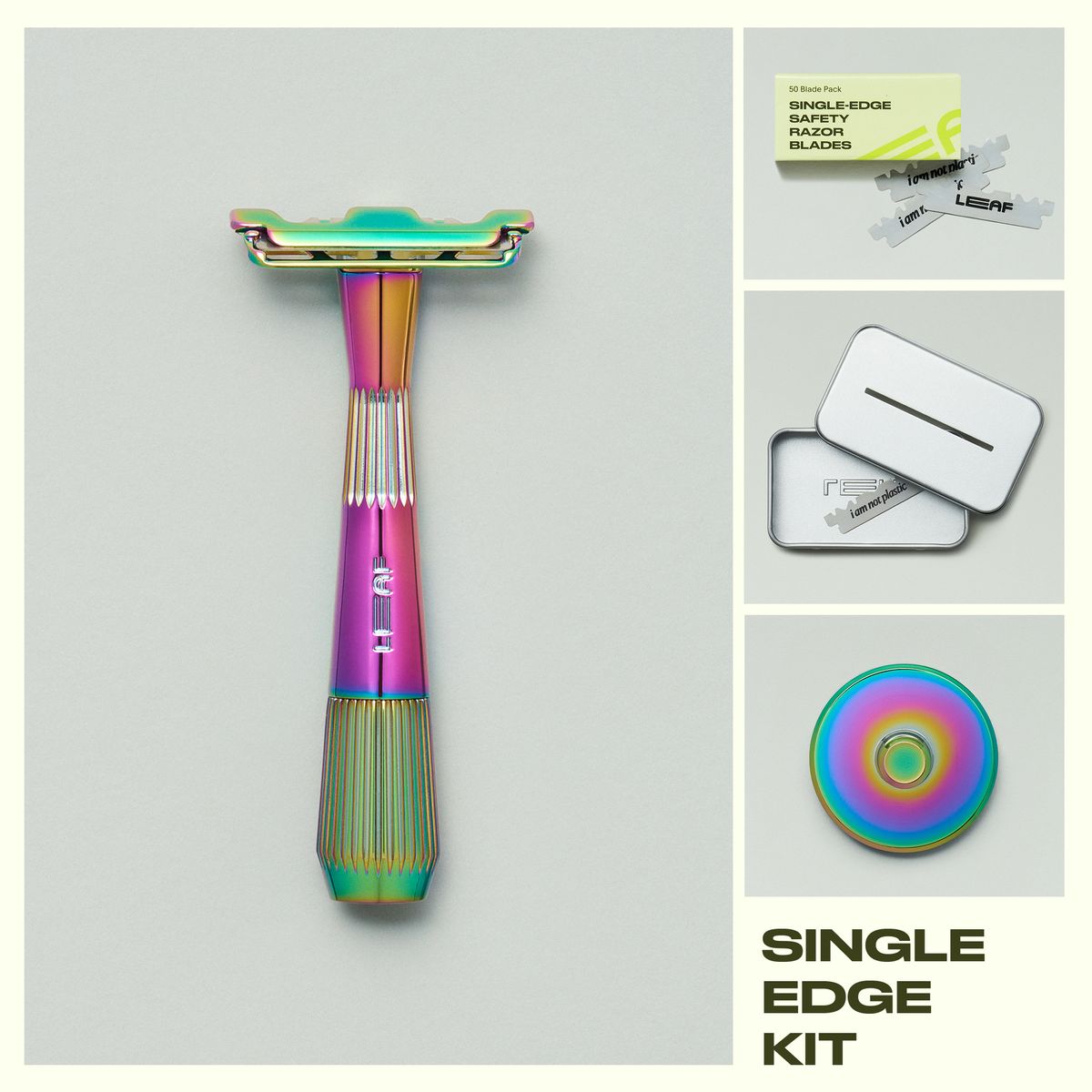 Collage of prism single edge razor, blades and blade pack, recycling tin, and razor stand on a grey background