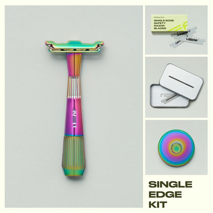 Collage of prism single edge razor, blades and blade pack, recycling tin, and razor stand on a grey background